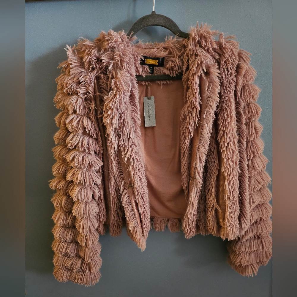 Anthropologie Dusty Pink Petite small fringe coat